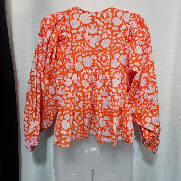 Orange Floral Puff Sleeve Peasant Blouse Women's small babydoll Festival whimsi - Picture 4 of 10